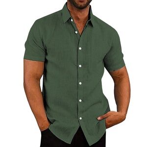 NWT, XXXL COOFANDY Men's Linen Shirt Casual Button Down Short Sleeve. Army Green